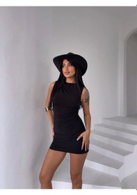 Resim Modalima Siyah Drapeli Sandy Kumaş Elbise Çok Renkli 