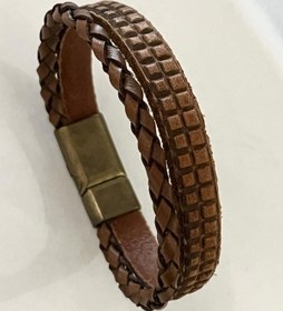 Resim Örgü Detaylı %100 Deri 2li Taba Renk Erkek Bileklik 21 Cm Türk El Üretimi Taba 