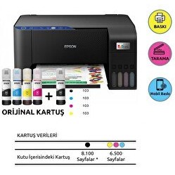 Resim Epson EcoTank L3250 Mürekkep Püskürtmeli Çok Fonksiyonlu Yazıcı + 5 Adet Renkli Mürekkep 