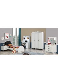 Resim Melis Genç Odası, Dolap Karyola Çalışma Masası Şifonyer Komodin Beyaz 