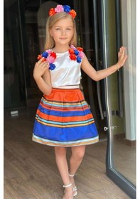 Resim Riccotarz Kız Çocuk Sıfır Kol Üzeri 3d Gül İşlemeli Bluz Renkli Şerit Detaylı Mavi Etekli Takım 001 