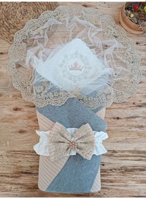 Resim Yenidoğan Teri Cotton Taç Nakışlı Prizma Taş Kundak Bebek Battaniyesi Bej Bej 