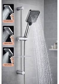 Resim Ahlez Sürgülü Krom Yağmurlama Tuşlu 3 Fonksiyonlu Aqua Model Duş Seti Krom 
