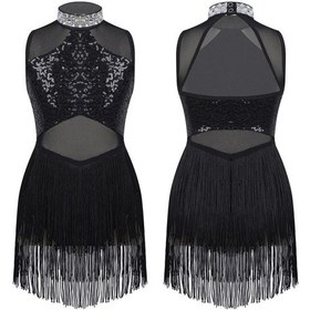 Resim Siyah Kızlar Parlak Taklidi Payet Caz Dans Elbise Şeffaf Örgü Püskül Etek Paten Bale Mayoları Elbiseler Sahne Performansı Giyim Siyah 