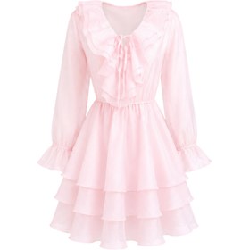 Resim ETEĞİ VOLANLI KISA ELBİSE PEMBE - 36 / Pembe 