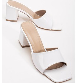 Resim Rugan Ve Düz Tekbant Beyaz Rugan Kadın Topuklu Terlik-3995 Beyaz Rugan 