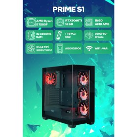 Resim Game Garaj Prime S1 Amd Ryzen 5 7500F 32GB RAM 1TB SSD RTX5060Ti 16GB Freedos Oyuncu OEM Paket 