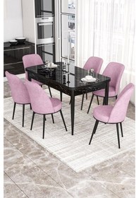 Resim Canisa Kor Serisi, Siyah Mermer Desen 70x114 Açılabilir Yemek Masası Takımı, 6 Sandalye Masa Siyah Mermer Desen Sandalye Pembe 