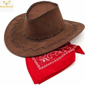 Resim Trend Kapında Çocuk Kovboy Şapka Kahverengi & Kırmızı Bandana Seti 