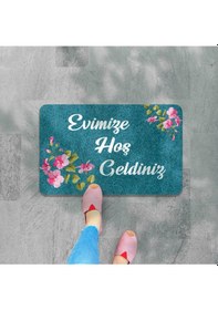 Resim Dijital Baskılı Hoş Geldiniz Yazılı Çiçek Desenli Kapı Önü Paspası İç Ve Dış İçin Yıkanabilir Kaymaz Gümüş 