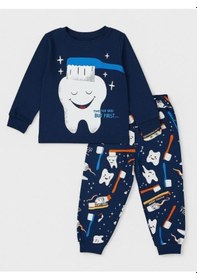 Resim Zekids Erkek Çocuk Pamuklu Diş Baskılı Pijama Takımı-16050 Lacivert 