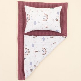 Resim Alt Açma Matı ve Yastık - Çift Taraflı - Mürdüm Örgü - Pastel Gökkuşağı 