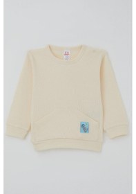 Resim Breeze Erkek Bebek Pijama Takımı Omuzdan Patlı Kanguru Cepli Sevimli Fil Armalı 4 Ay-1 Yaş, Krem Krem 