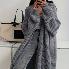 Resim Kadın Y2K Hırka - Uzun Akışlı Açık Önü Cep Detaylı Kazak, Tüm Mevsim Katman Parçası, Günlük ve Resmi Kıyafetler İçin, Düz Renk Kemer Tasarımı, Hırka Kazak, Çok Yönlü Kıyafet Ekleme, Açık Ön Tasarım, Dayanıklı Örgü, Yumuşak Dokulu 