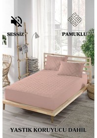 Resim Mona Verde Alez Takımı %100 Pamuklu Sessiz 3 Parça Kapitoneli Yastık Alezli MNVAPFK00 Pembe 