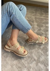 Resim Kadın Mendez Krem Çift Bantlı Kabsül Ve Vardola Deyatlı Kalın Taban Ortopedik Sandalet K-120 Bej 
