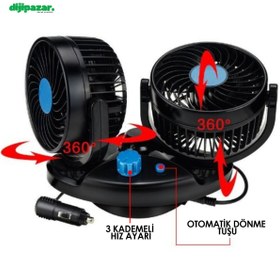 Resim Dijipazar Oto Vantilatör 24 Volt Uyumlu 360 Derece Dönebilen Çift Başlı Vantilatör Çakmaklık Soketli 