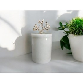 Resim Beyaz Mermer Pamuk Kutusu-pamukluk-kapaklı Kutu Gümüş Aksesuarlı 