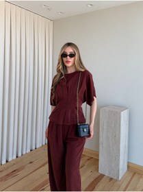 Resim Laluvia Bordo Yarasa Kol Belden Oturtma Bluz Salaş Pantolon Takım - 650008 