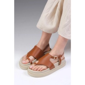 Resim Mio Gusto Lora Hakiki Deri Taba Renk Parmak Arası Kadın Sandalet 