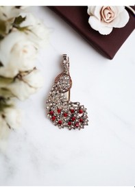 Resim İnci Tavuskuşu Motif Broş Kırmızı 