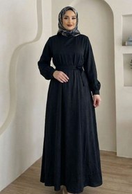 Resim adamila Kadın Siyah Saten Tesettür Abiye Elbise Uzun Kollu Kuşaklı Düğün Nişan Özel Gün Tesettür Elbise 