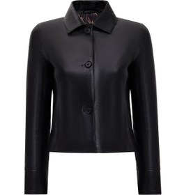 Resim Beatrix Women's Black Shirt Collar Short Leather Jacket 