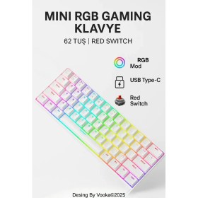 Resim vooka Mini Rgb Gaming Mekanik Klavye 62 Tuş Red Switch USB Type-C Kablolu Kompakt Oyuncu Klavyesi Rgb Işıklı Gaming Klavye Laptop Pc Uyumlu Mini Mekanik Klavye Beyaz Gaming Keyboard 