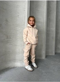 Resim Üç İplik Kapüşonlu Şardonlu Takım Kahverengi - Beyaz 