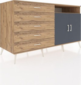 Resim Kronos Konsol 2 Raflı 5 Çekmeceli 2 Kapaklı 176x59x99 Çam-antrasi Çam-antrasit/çam 
