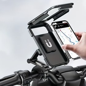 Resim Su Geçirmez Motosiklet Bisiklet Telefon Tutucu, ABS Malzeme, Manyetik Tasarım, Teleskopik, Yağmura Dayanıklı Bisiklet ve Skuter Navigasyon Montajı 
