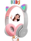 Resim Kensa Kedi Kulağı Bluetooth Kablosuz Kulaklık Rengarenk Işıklı Rgb Gri Çocuk Oyun Kulaklığı Radyolu 