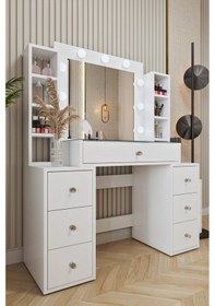 Resim Ases Mobilya Ela657 Hollywood Işıklı Makyaj Masası Bol Çekmeceli Özel Bölmeli Ve Extra Raflı Beyaz Beyaz 