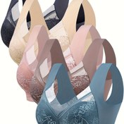 Resim 5 Adet Şık Dantel Sarma Kablosuz Sütyen Kadınlar İçin - Dikişsiz, Tam Kapsama, Nefes Alabilen Naylon/Spandex Karışımı, Siyah, Bej, Pembe ve Mavi Çiçek Desenli 