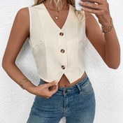 Resim Kadın Şık Kolsuz V Yaka Yelek, Düz Renk Polyester %100 Dokuma Rahat Ofis Gömlek Ceket Tüm Mevsimler İçin 