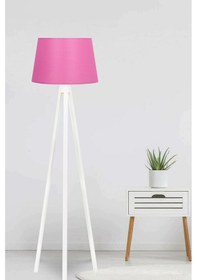 Resim 3 Ayaklı Abajur Lambader Ahşap Konik Kumaş Fuşya Beyaz Ly588 