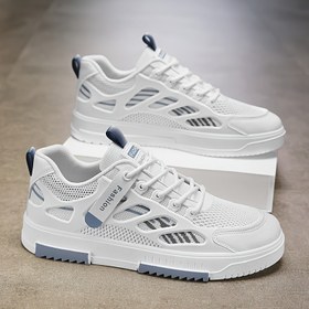 Resim Erkek Nefes Alabilen File Hafif Kaykay Ayakkabıları, Moda Trendi Alçak Top Sneaker, Çizgili Desen, İlkbahar/Yaz ve Sonbahar, Günlük Bağcıklı Yuvarlak Burunlu EVA Taban ve Kauçuk Taban 