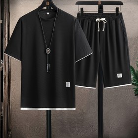 Resim Geniş Beden Erkekler için Vafli Kontrast Renk Günlük Takım Elbise, Trendy Rahat Takım 