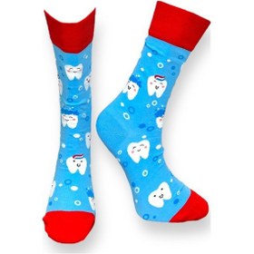 Resim Me-vo Tekli Mavi Renkli Erkek - Kadın Unisex Esnek Nem Alabilen Pamuklu Diş Desenli Soket Çorap Mavi 
