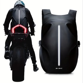 Resim BASIC Motosiklet Kaskı Sırt Çantası - Siyah Yumuşak Kabuk, Fermuarlı, Kullanışlı Cep, PVC Dış Malzeme, Motosikletçiler için İdeal, Motosiklet Kıyafeti | Yansıtıcı Şeritler | Dayanıklı Sırt Çantası 