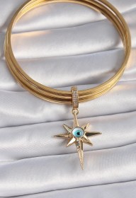 Resim Nova Bazaar Pirinç Gold Renk Zirkon Taşlı Kutup Yıldızı Nazar Boncuk Detay Ajda Charm Altın 