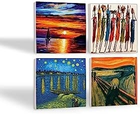 Resim Van Gogh Ren Nehri’nde Yıldızlı Bir Gece, Çığlık, Yerli Kadınlar, Deniz Manzarası Taş Bardak Altlığı Seti - 4 Parça - Dekoratif, Rustik, 10x10 cm, Kaydırmaz Tabanlı SC431 