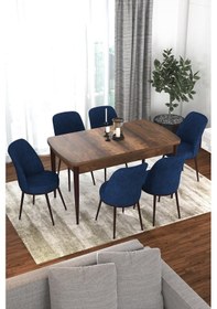 Resim Canisa Kor Serisi Barok Ahşap Desen Açılabilir 70x114 Yemek Masası Takımı, 6 Lacivert Sandalye Masa Barok Sandalyeler Lacivert 