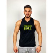 Resim Siyah Erkek Regular Fit -Fitness Bull- Baskılı Kapüşonlu Kolsuz Sporcu Hoodie 