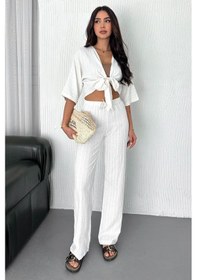 Resim Noa & Noa Kadın Bağlamalı Crop Bluz & Çizgili Bol Paça Kimono Pantolon Takımı Yazlık Şıklık Beyaz 