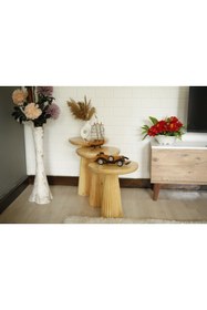 Resim Simillo Home&Living Wood Wooden 3'lü Set Fitilli Mantar Yan Sehpa Modern Ahşap Renk Parlak Vernikli Fiskos 