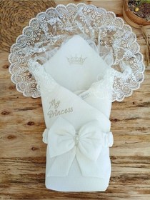 Resim Unisex Bebek Kundağı & Battaniyesi - Ekru & Dantelli Hastane Çıkışı & Mevlütlük - %100 Pamuklu Ekru 