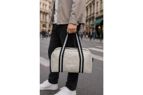 Resim Sanal Box Legan Bej Şerit Detaylı Orta Boy Seyahat Çantası - Fermuarlı Unisex Spor & Hafta Sonu Duffle Bag 8435 
