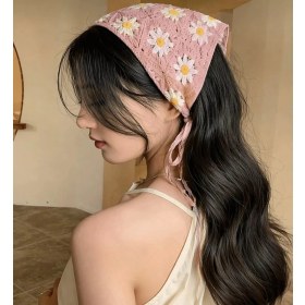 Resim Örgü Üçgen Bandana Pembe Papatya Saç Bandı Kadın Genç Kız Çocuk Yazlık Bohem Vintage Kore Tarzı Ayçiçek 