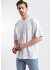 Resim Erkek Basic Tişört %100 Pamuk Oversize Kalıp Günlük Spor T-shirt Beyaz 